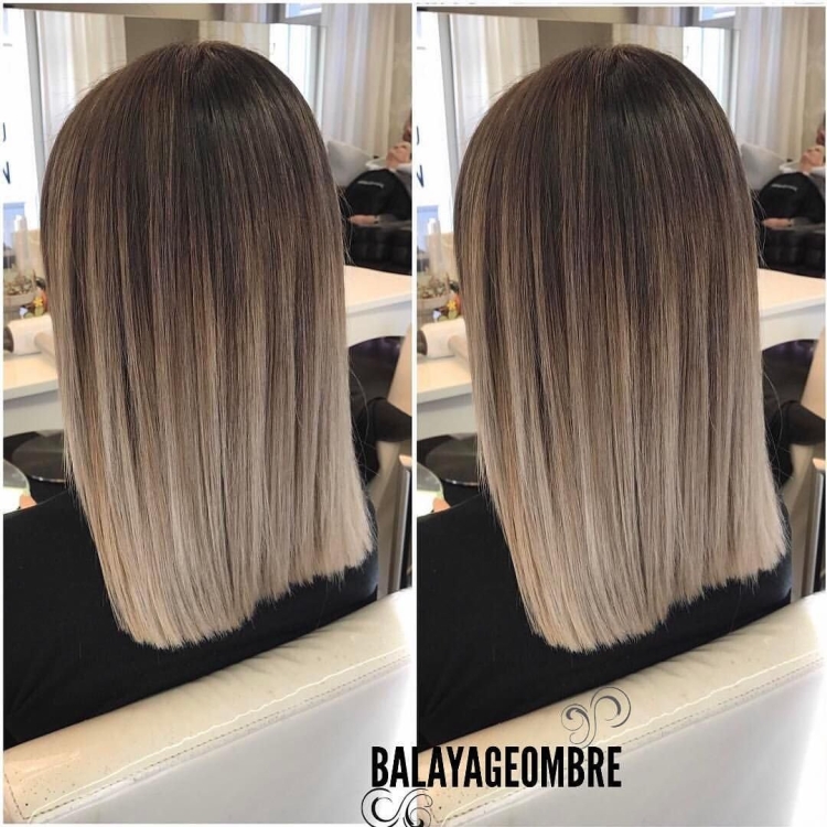 Балаяж на темные прямые волосы до плеч