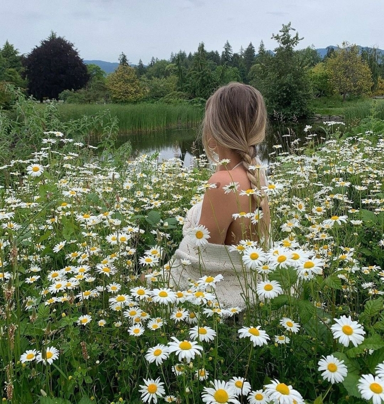 Девушка в поле с ромашками со спины