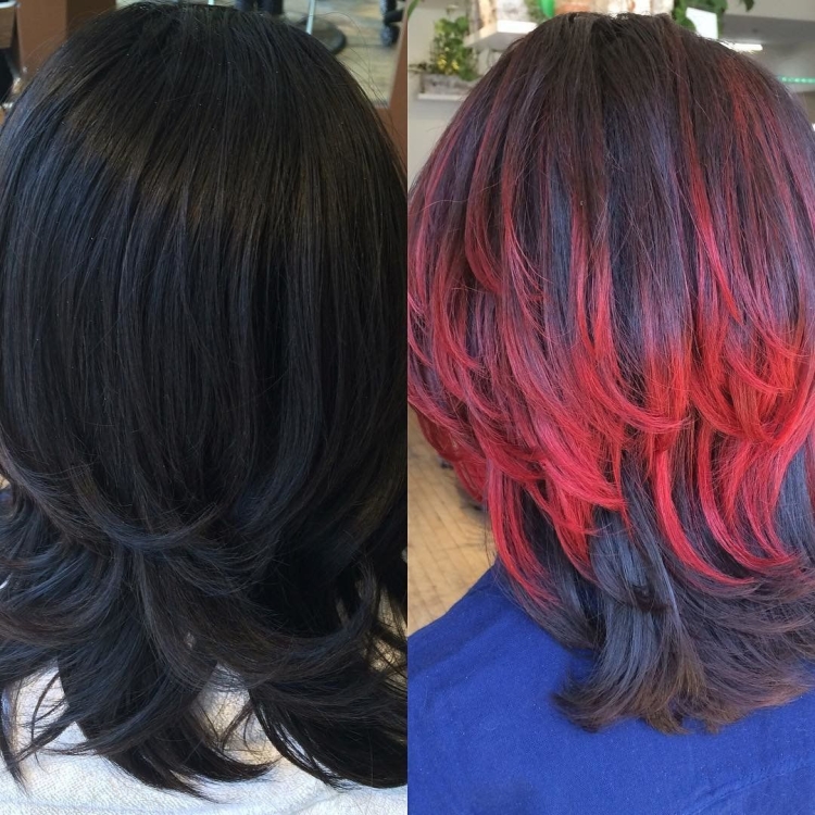 Цветное мелирование волос на темные волосы средней длины