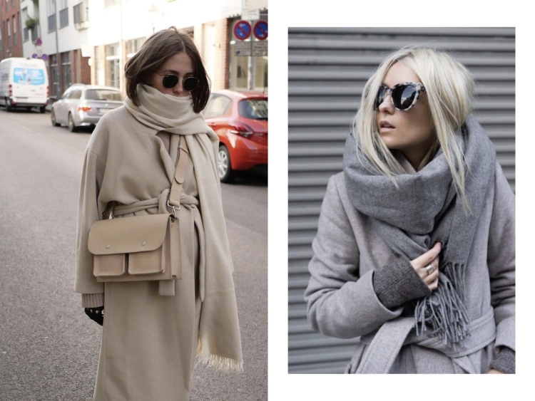 Застегнутое пальто с шарфом