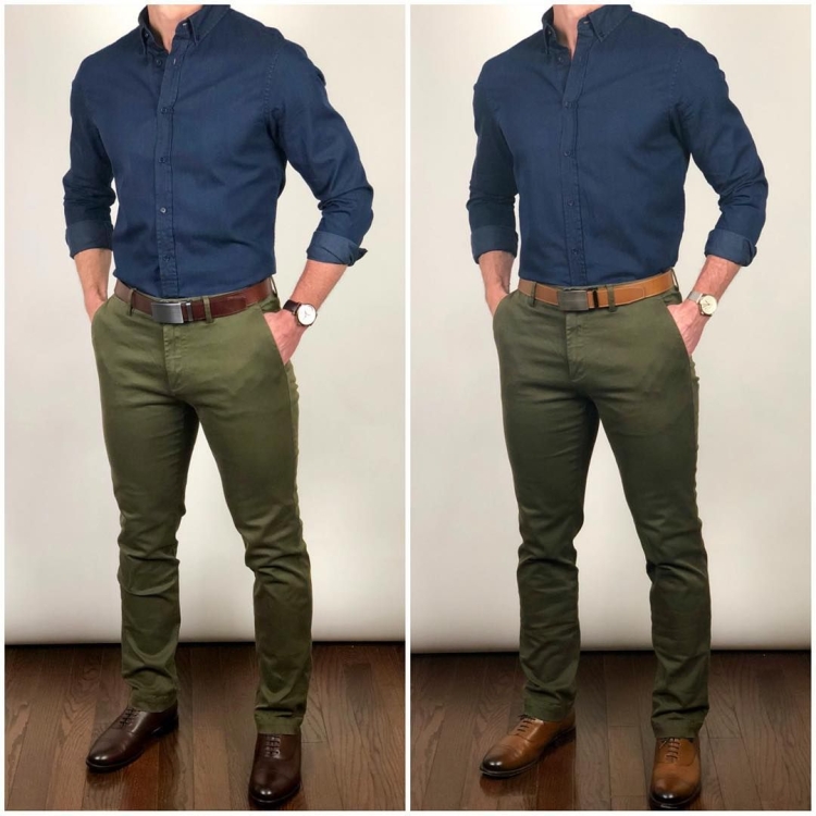 Синяя рубашка и хаки брюки