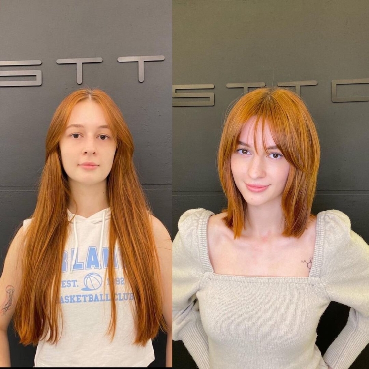 Челка шторка до и после