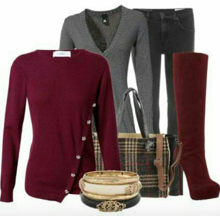 Сочетание серого и бордового в одежде