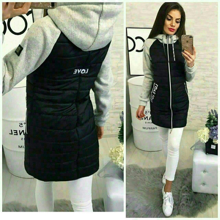 Куртка с трикотажными рукавами и капюшоном женская