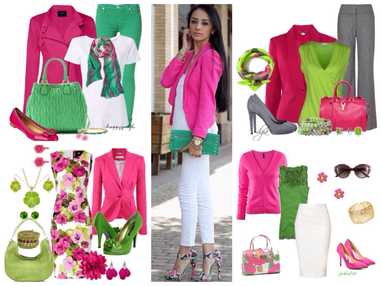 Сочетание зеленого и фуксии в одежде