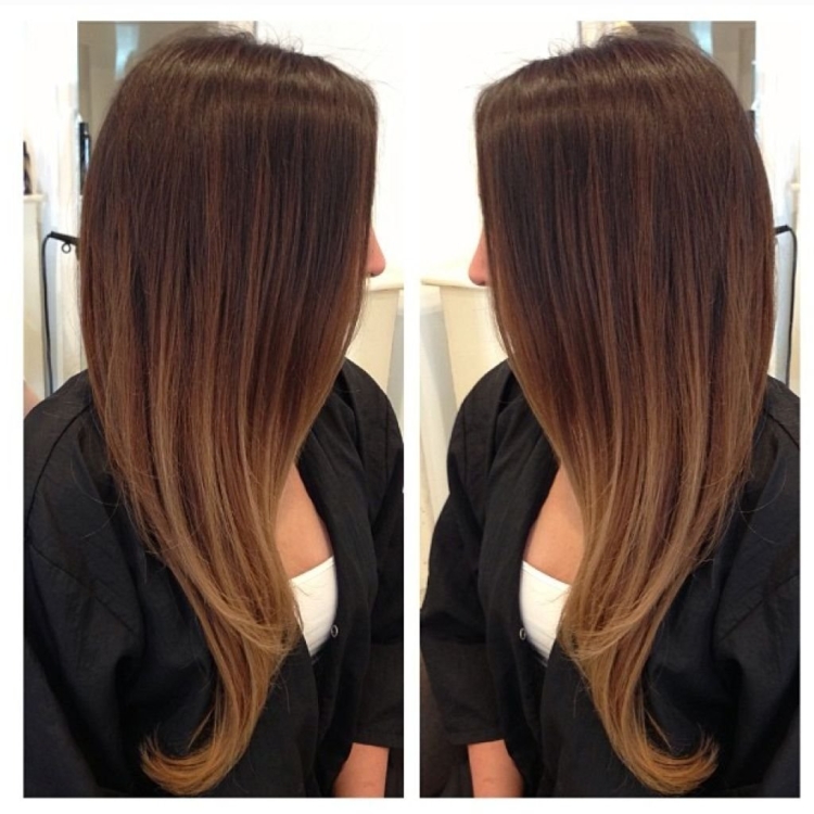 Балаяж на темные длинные прямые волосы с челкой